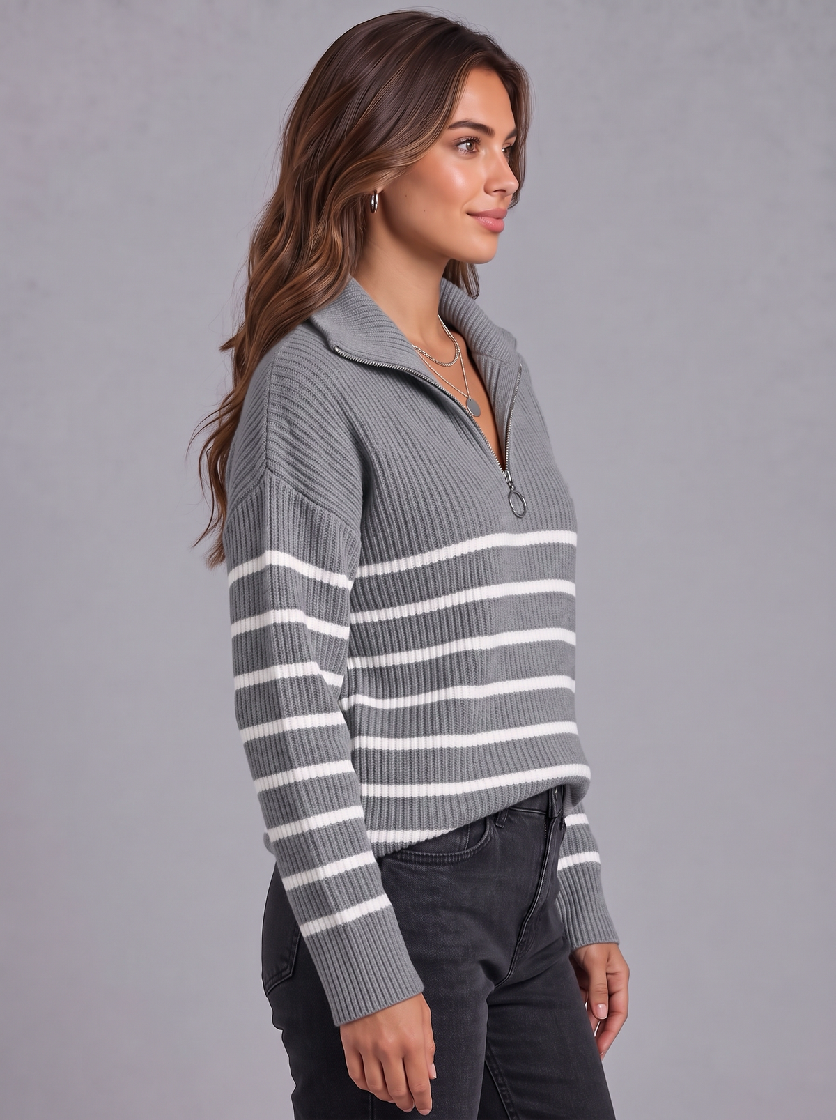 Rosie | Women’s Striped Half-Zip Jumper | Wide Collar Dropped Shoulders Everyday Wear - grey, side view, image 08 - Glorysoul