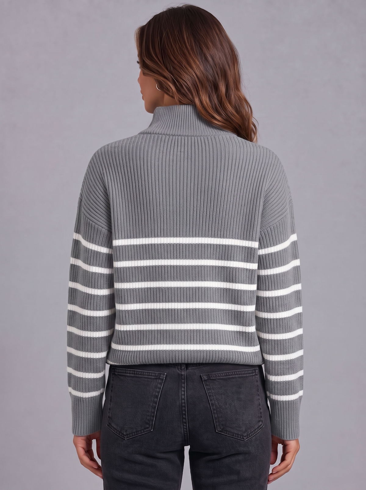 Rosie | Women’s Striped Half-Zip Jumper | Wide Collar Dropped Shoulders Everyday Wear - grey, back view, image 09 - Glorysoul