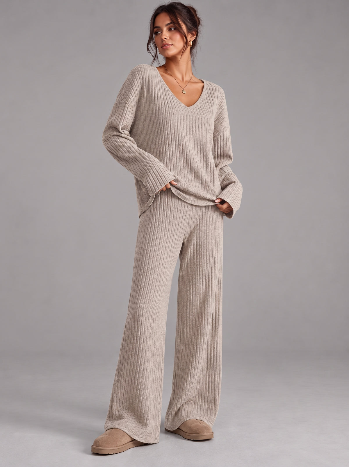 Ruby | Women’s Ribbed Trouser Set | V-Neck Top Wide-Leg Trousers Everyday Wear - beige, image 04 - Glorysoul