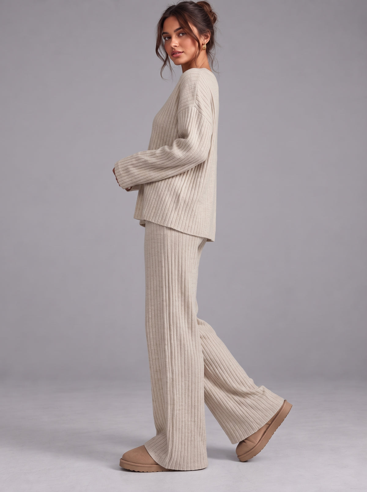 Ruby | Women’s Ribbed Trouser Set | V-Neck Top Wide-Leg Trousers Everyday Wear - beige, image 05 - Glorysoul
