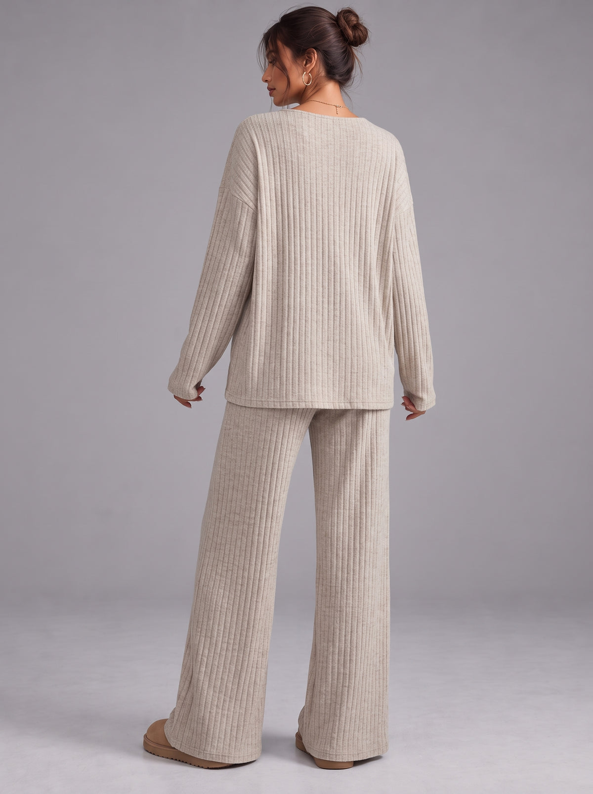 Ruby | Women’s Ribbed Trouser Set | V-Neck Top Wide-Leg Trousers Everyday Wear - beige, image 06 - Glorysoul