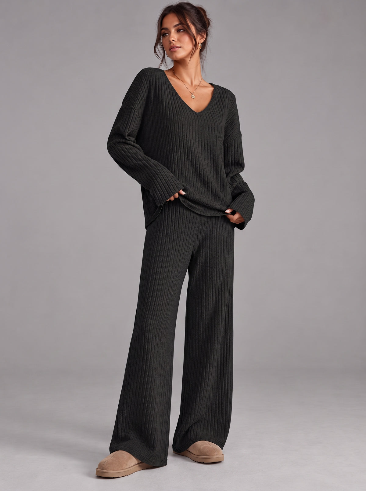 Ruby | Women’s Ribbed Trouser Set | V-Neck Top Wide-Leg Trousers Everyday Wear - black, image 07 - Glorysoul