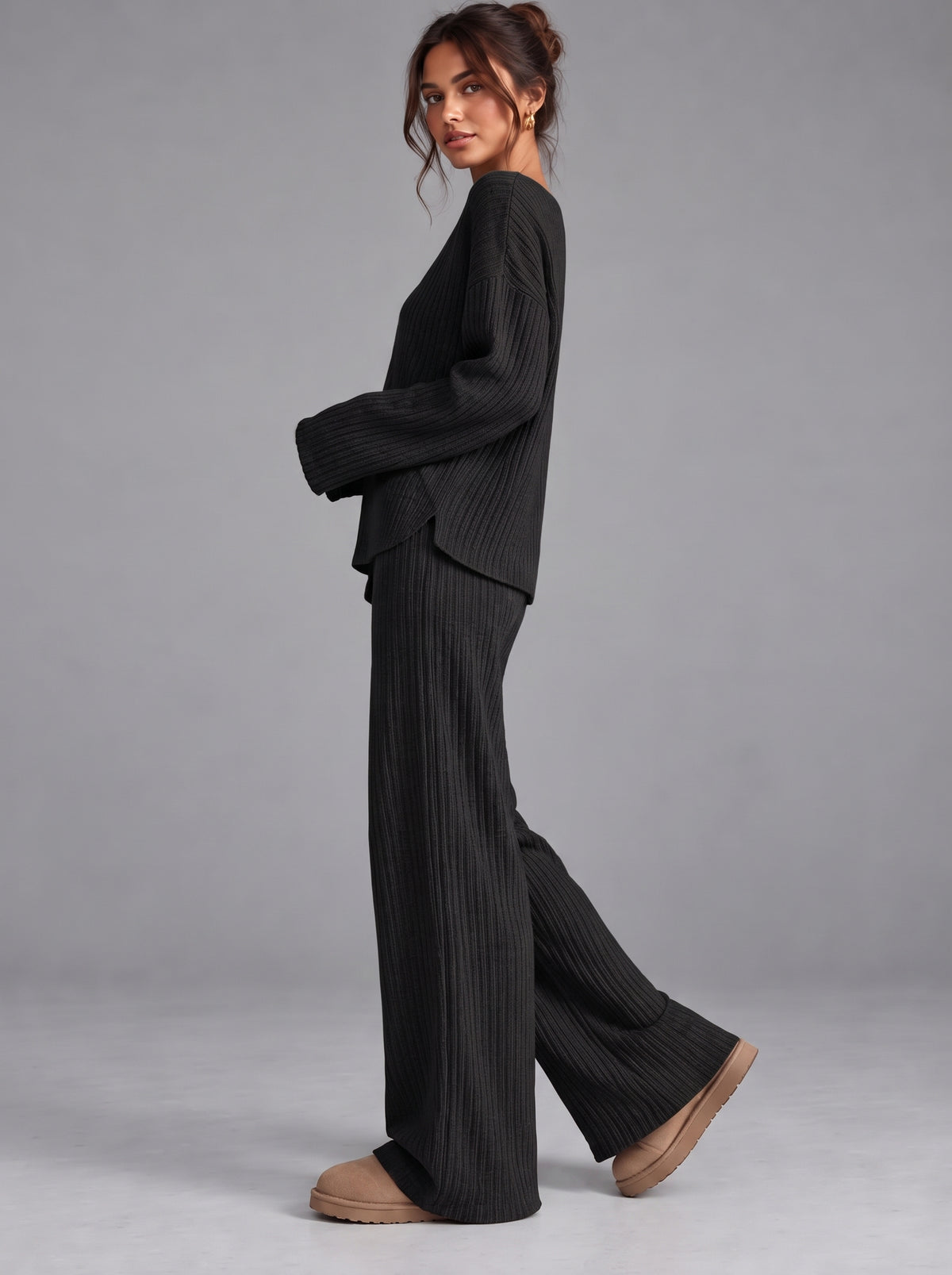 Ruby | Women’s Ribbed Trouser Set | V-Neck Top Wide-Leg Trousers Everyday Wear - black, image 08 - Glorysoul