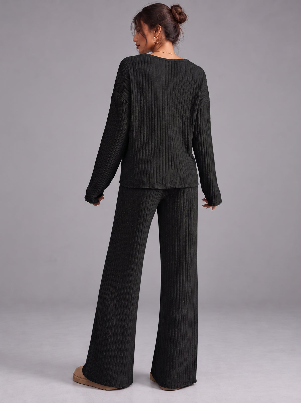 Ruby | Women’s Ribbed Trouser Set | V-Neck Top Wide-Leg Trousers Everyday Wear - black, image 09 - Glorysoul
