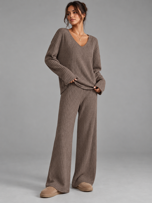 Ruby | Women’s Ribbed Trouser Set | V-Neck Top Wide-Leg Trousers Everyday Wear - camel, image 01 - Glorysoul