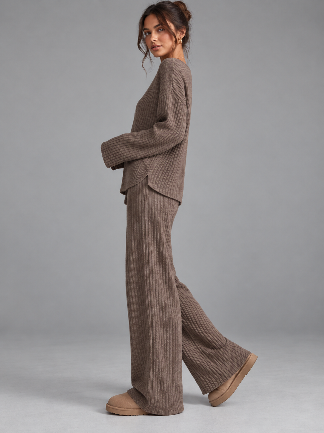 Ruby | Women’s Ribbed Trouser Set | V-Neck Top Wide-Leg Trousers Everyday Wear - camel, image 02 - Glorysoul
