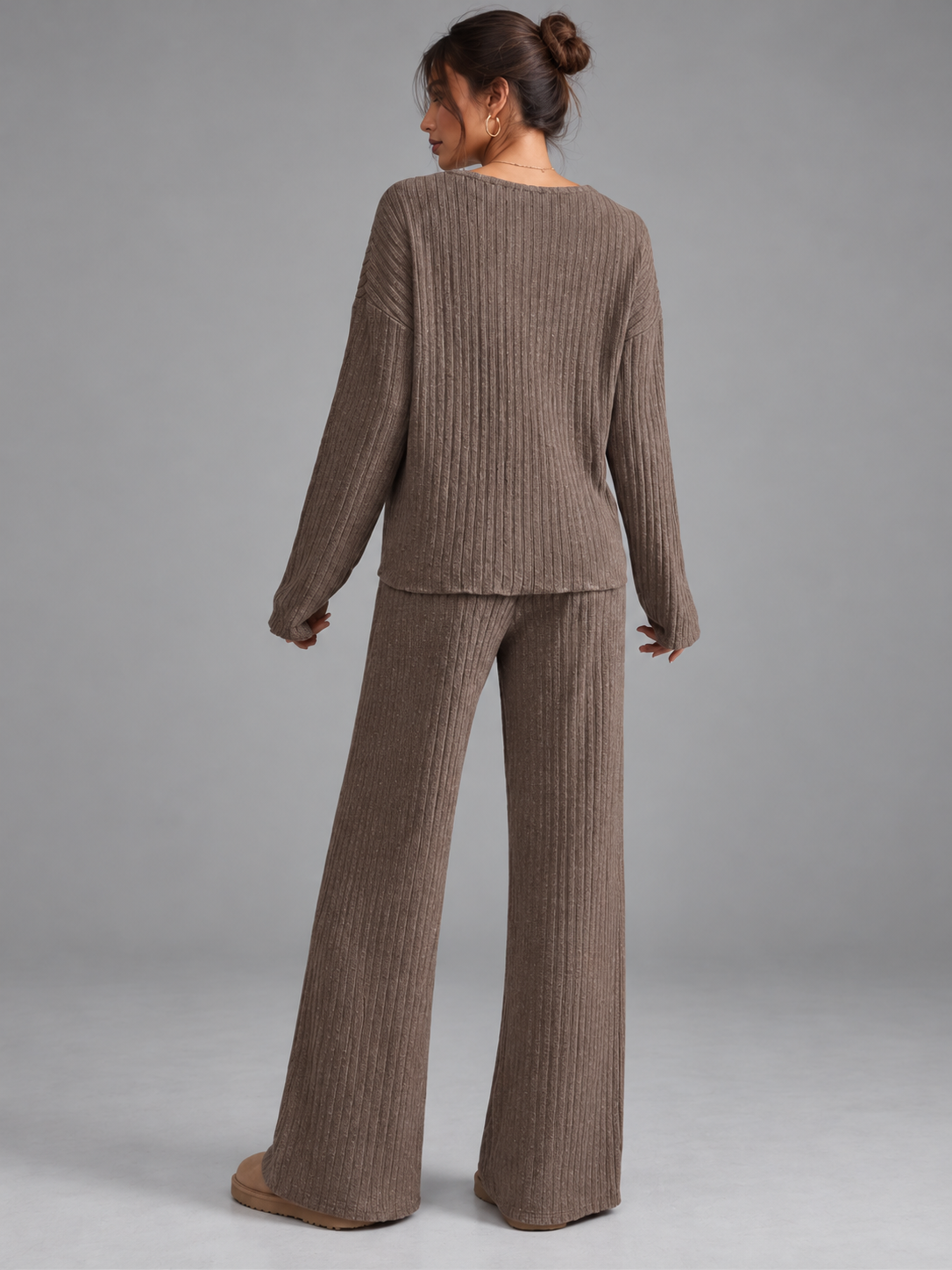 Ruby | Women’s Ribbed Trouser Set | V-Neck Top Wide-Leg Trousers Everyday Wear - camel, image 03 - Glorysoul