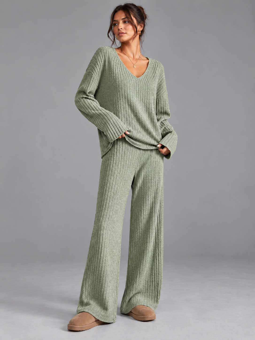 Ruby | Women’s Ribbed Trouser Set | V-Neck Top Wide-Leg Trousers Everyday Wear - green, image 13 - Glorysoul