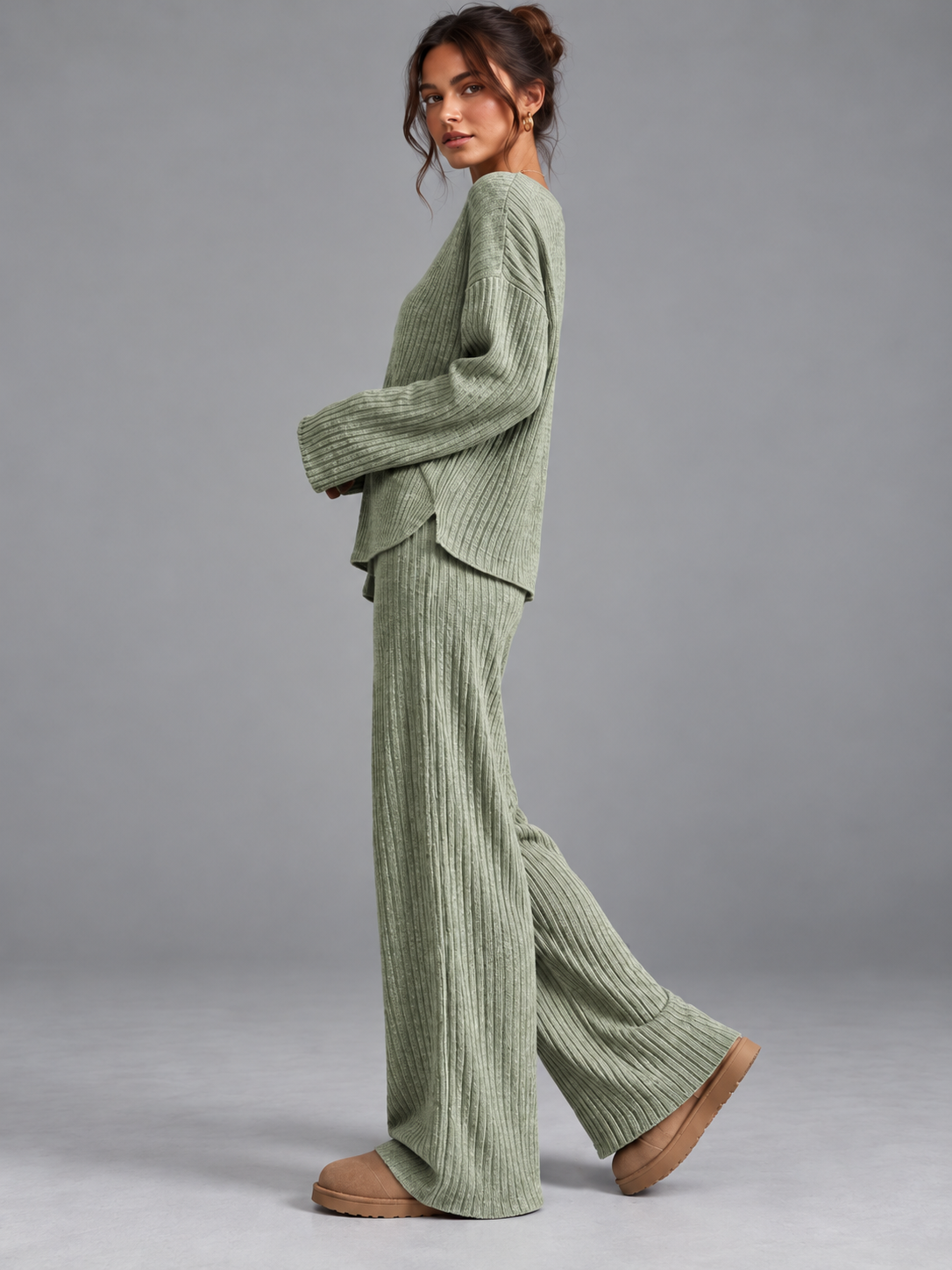 Ruby | Women’s Ribbed Trouser Set | V-Neck Top Wide-Leg Trousers Everyday Wear - green, image 14 - Glorysoul