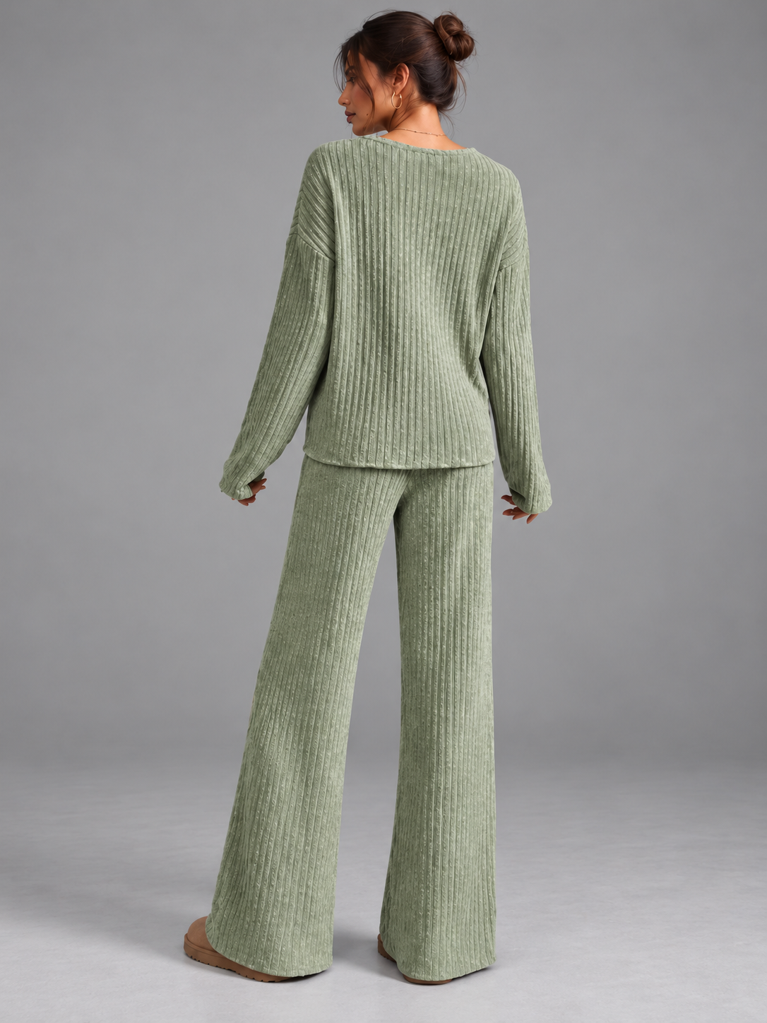 Ruby | Women’s Ribbed Trouser Set | V-Neck Top Wide-Leg Trousers Everyday Wear - green, image 15 - Glorysoul