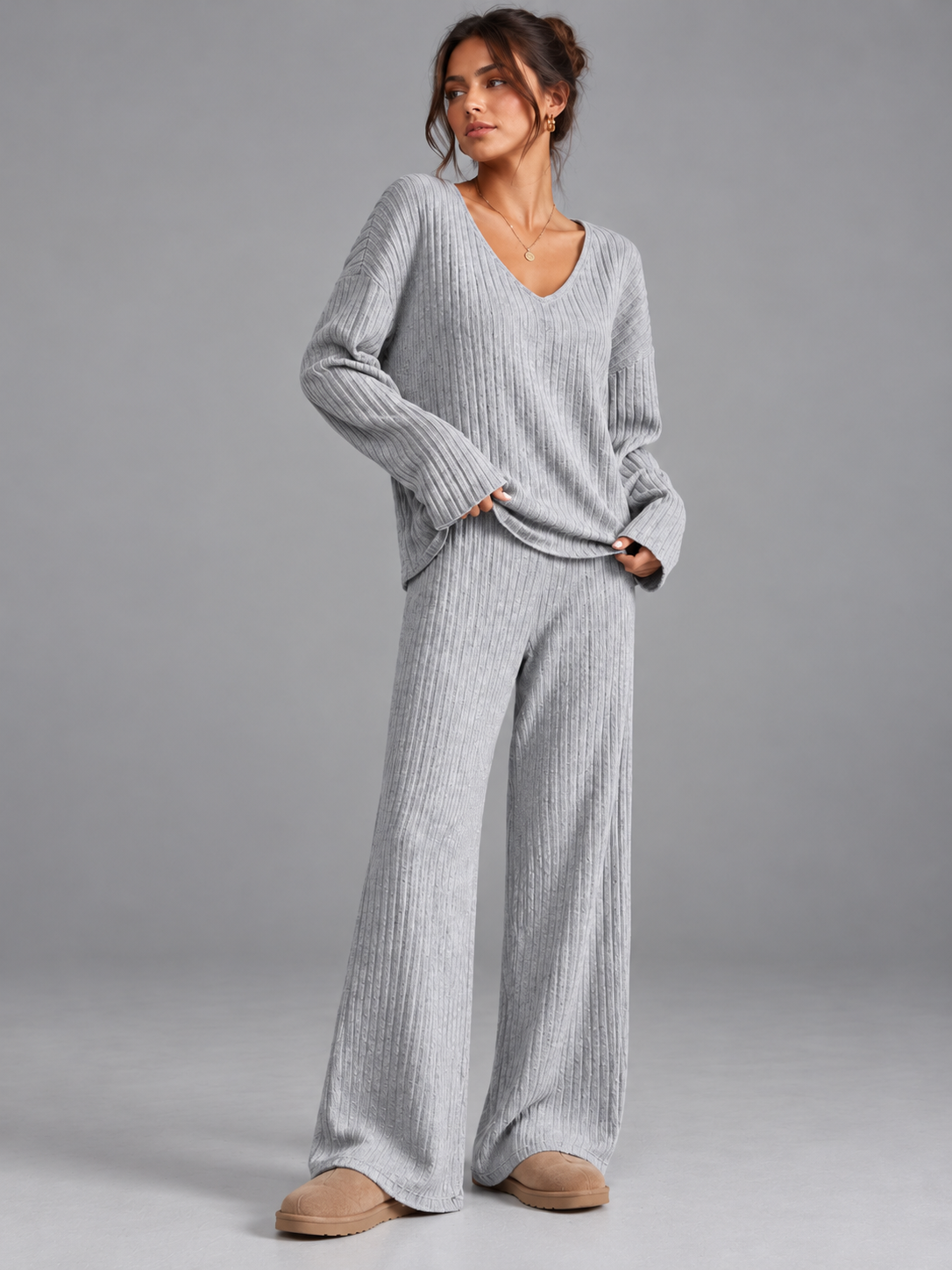 Ruby | Women’s Ribbed Trouser Set | V-Neck Top Wide-Leg Trousers Everyday Wear - grey, image 19 - Glorysoul