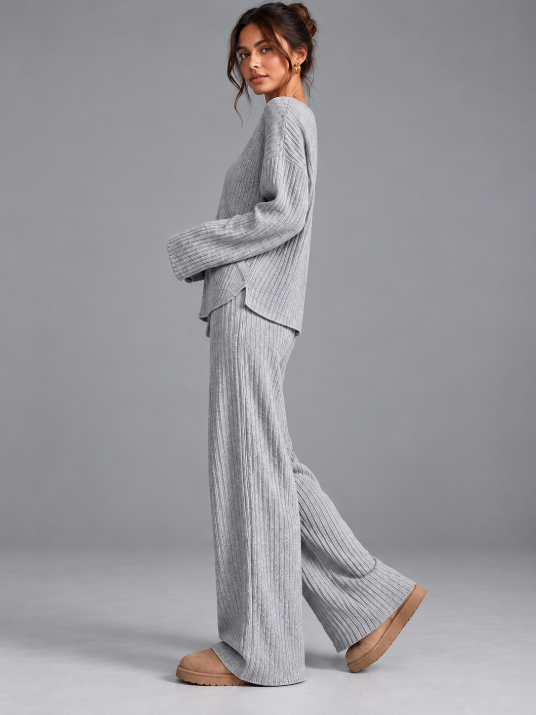 Ruby | Women’s Ribbed Trouser Set | V-Neck Top Wide-Leg Trousers Everyday Wear - grey, image 20 - Glorysoul