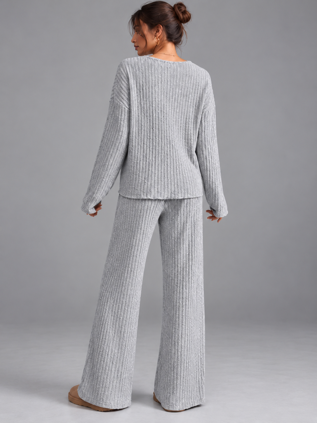 Ruby | Women’s Ribbed Trouser Set | V-Neck Top Wide-Leg Trousers Everyday Wear - grey, image 21 - Glorysoul