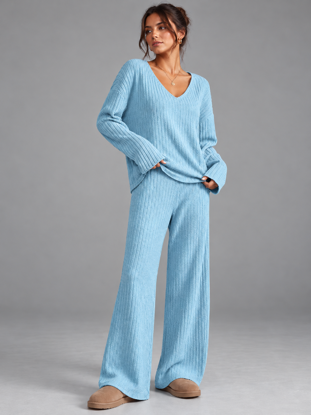 Ruby | Women’s Ribbed Trouser Set | V-Neck Top Wide-Leg Trousers Everyday Wear - ice blue, image 16 - Glorysoul