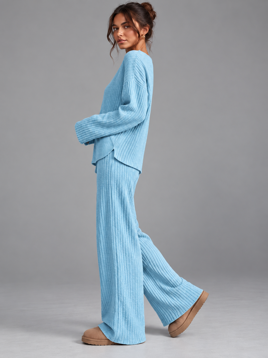 Ruby | Women’s Ribbed Trouser Set | V-Neck Top Wide-Leg Trousers Everyday Wear - ice blue, image 17 - Glorysoul