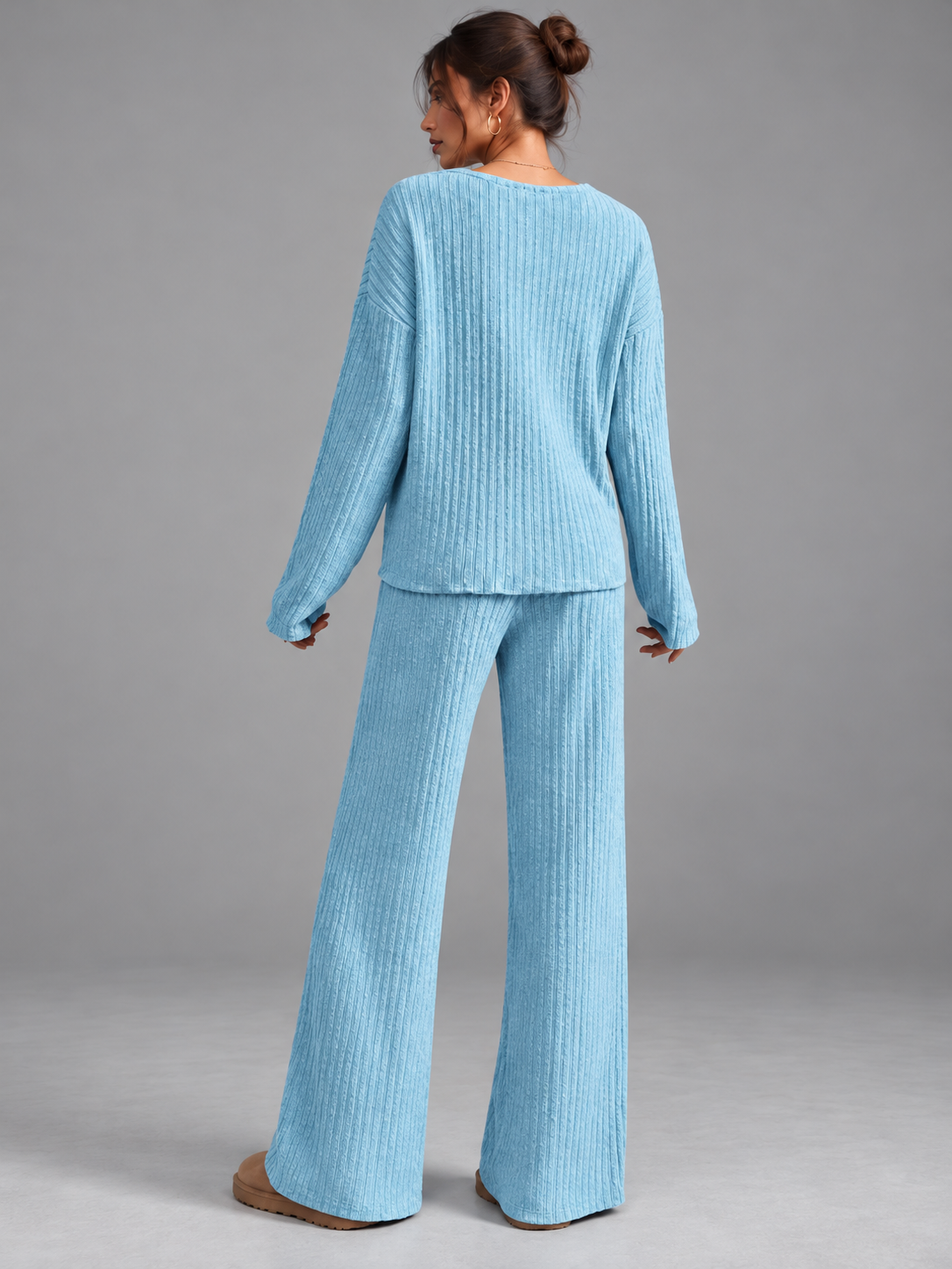 Ruby | Women’s Ribbed Trouser Set | V-Neck Top Wide-Leg Trousers Everyday Wear - ice blue, image 18 - Glorysoul