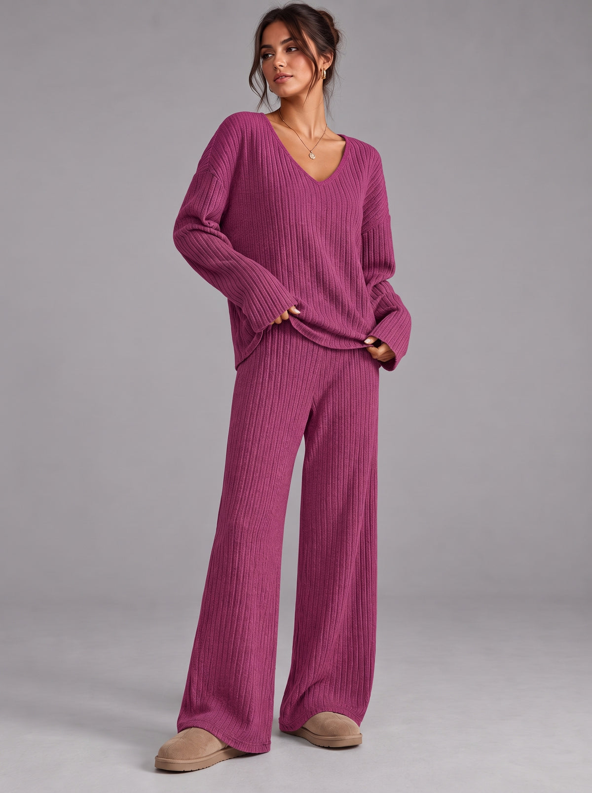 Ruby | Women’s Ribbed Trouser Set | V-Neck Top Wide-Leg Trousers Everyday Wear - pink, image 10 - Glorysoul