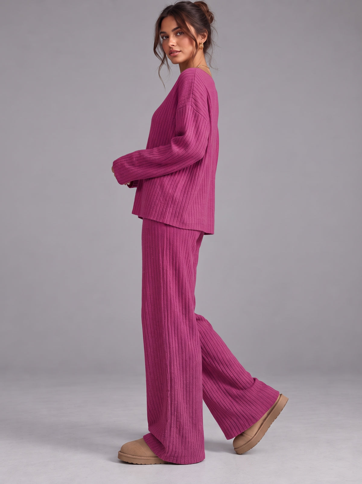Ruby | Women’s Ribbed Trouser Set | V-Neck Top Wide-Leg Trousers Everyday Wear - pink, image 11 - Glorysoul