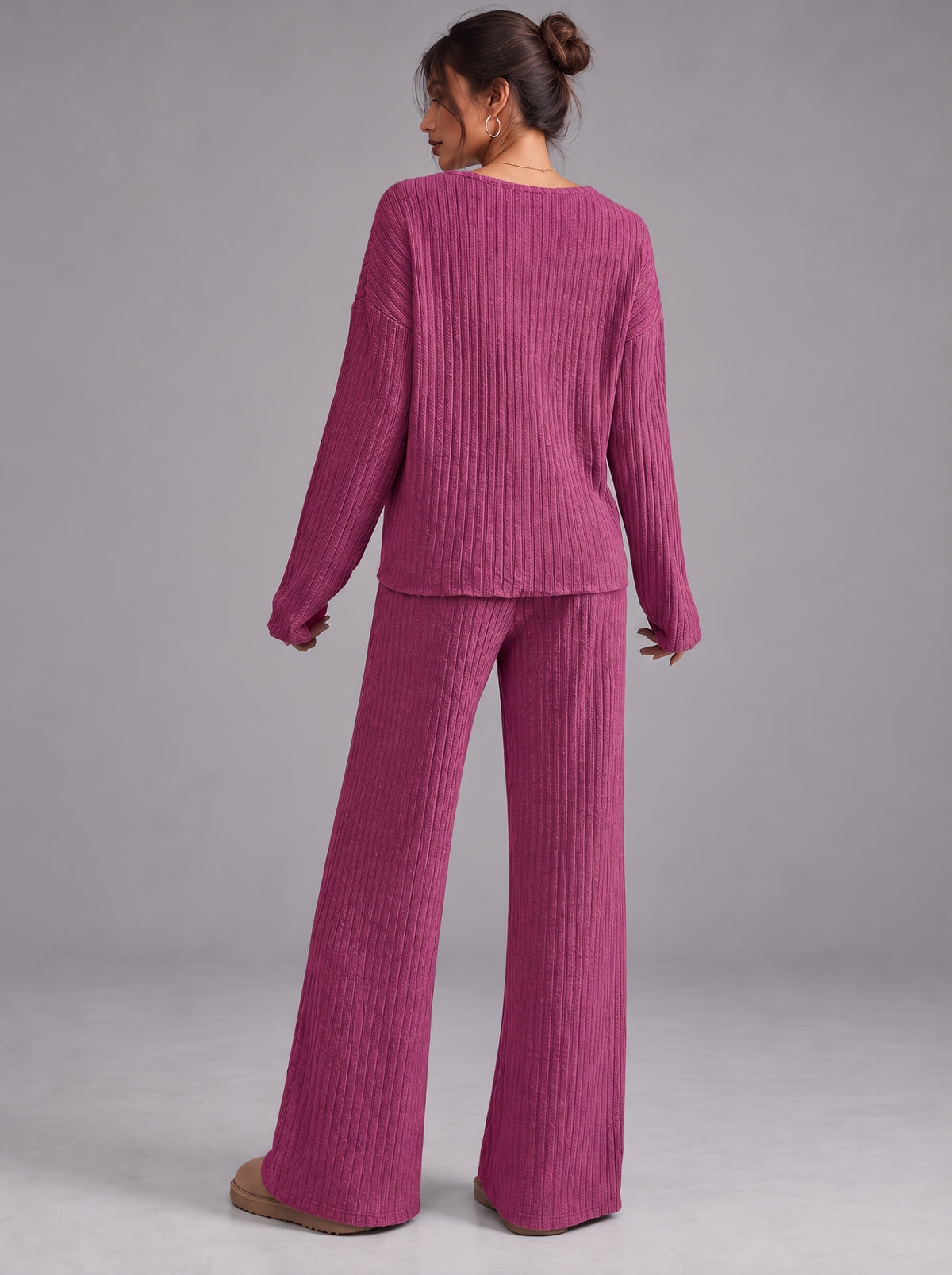Ruby | Women’s Ribbed Trouser Set | V-Neck Top Wide-Leg Trousers Everyday Wear - pink, image 12 - Glorysoul