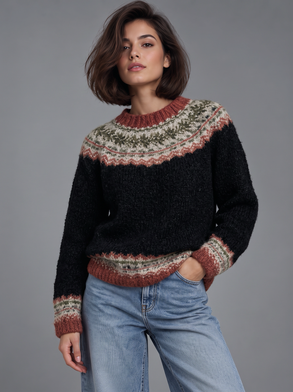 Sophia | Women’s Fair Isle Jumper | Crew Neck Geometric Pattern Everyday Wear - black heritage, image 13 - Glorysoul