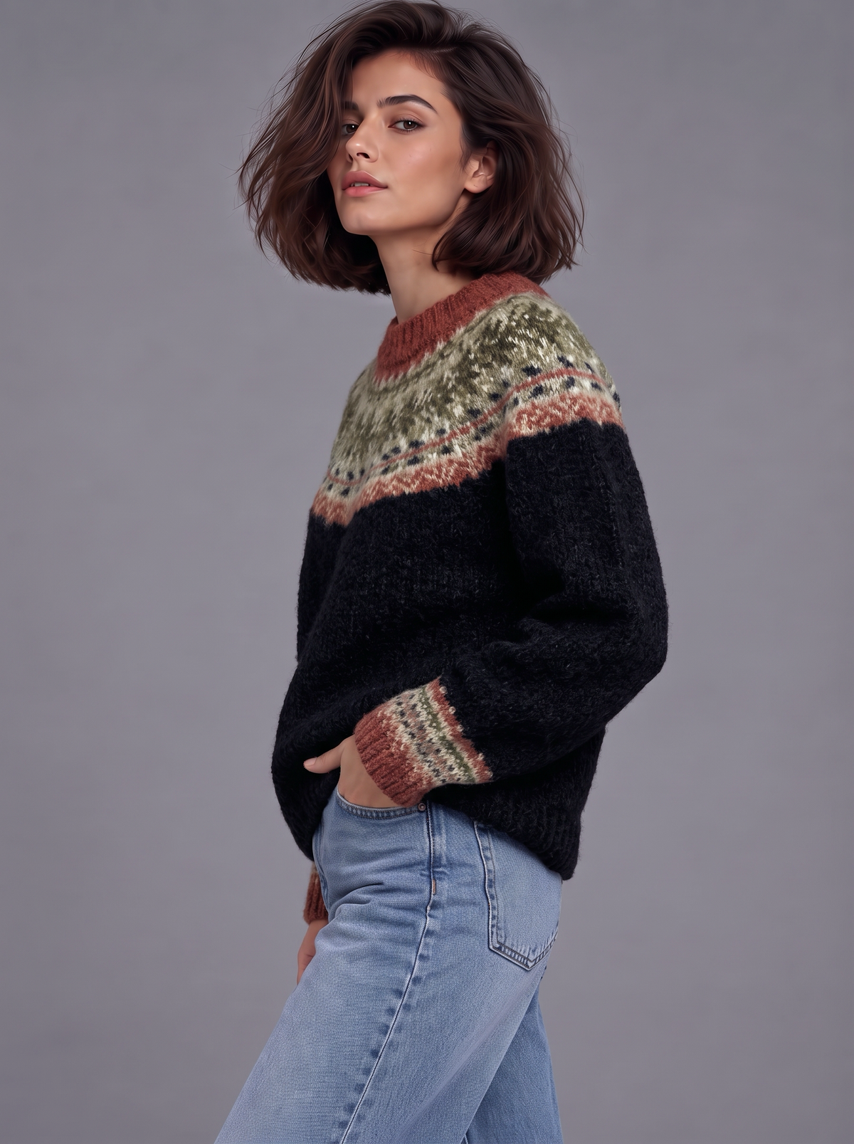 Sophia | Women’s Fair Isle Jumper | Crew Neck Geometric Pattern Everyday Wear - black heritage, image 14 - Glorysoul