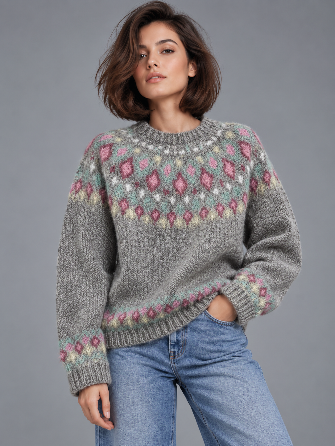 Sophia | Women’s Fair Isle Jumper | Crew Neck Geometric Pattern Everyday Wear - dove grey, image 05 - Glorysoul