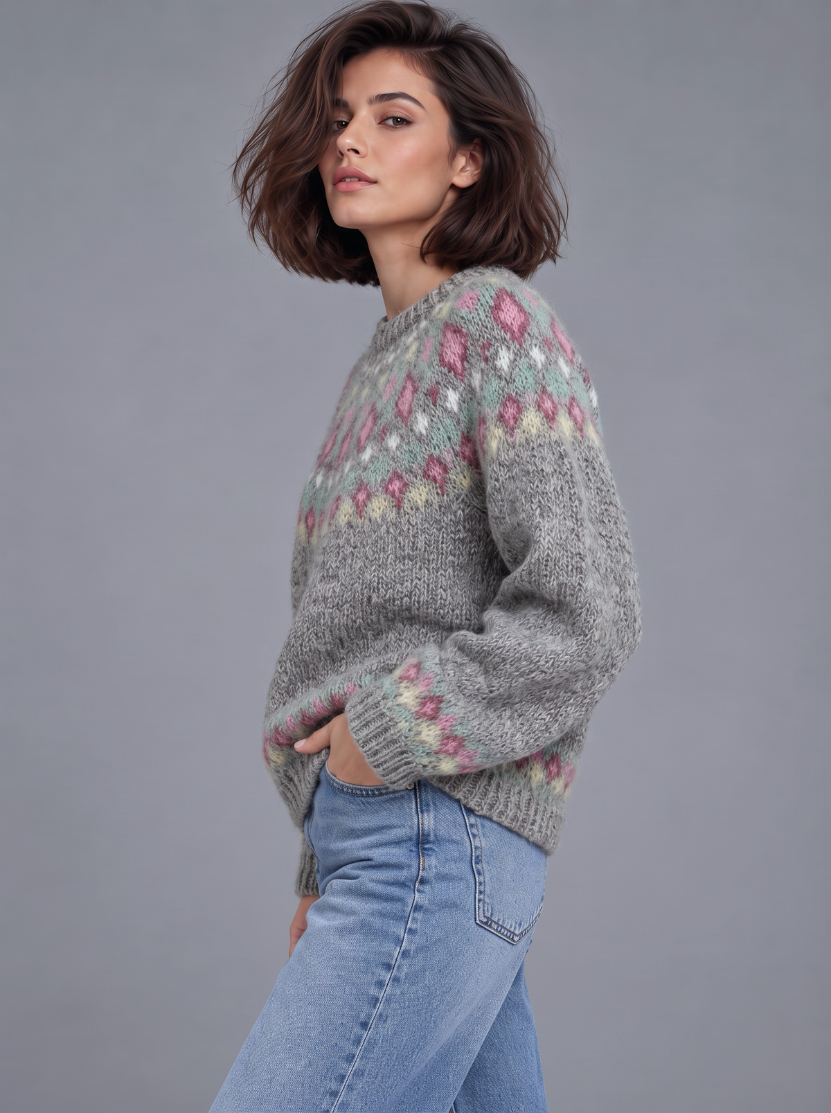 Sophia | Women’s Fair Isle Jumper | Crew Neck Geometric Pattern Everyday Wear - dove grey, image 06 - Glorysoul