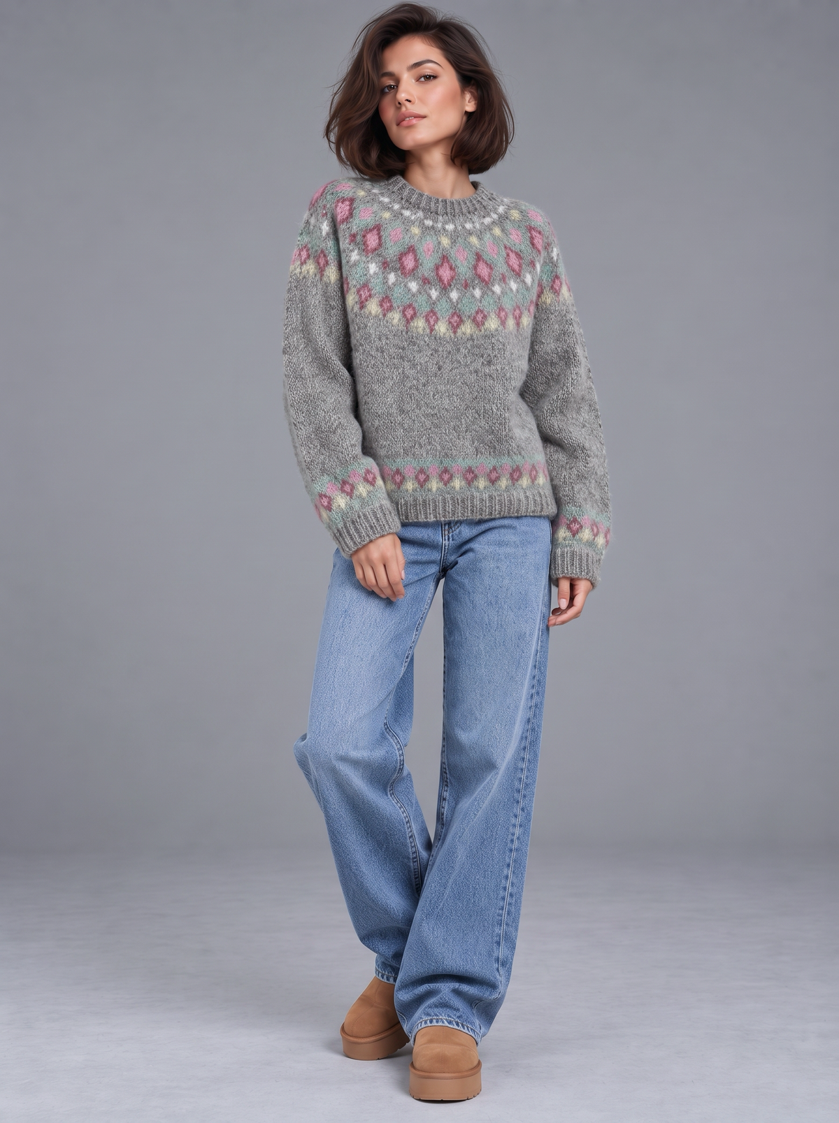 Sophia | Women’s Fair Isle Jumper | Crew Neck Geometric Pattern Everyday Wear - dove grey, image 08 - Glorysoul