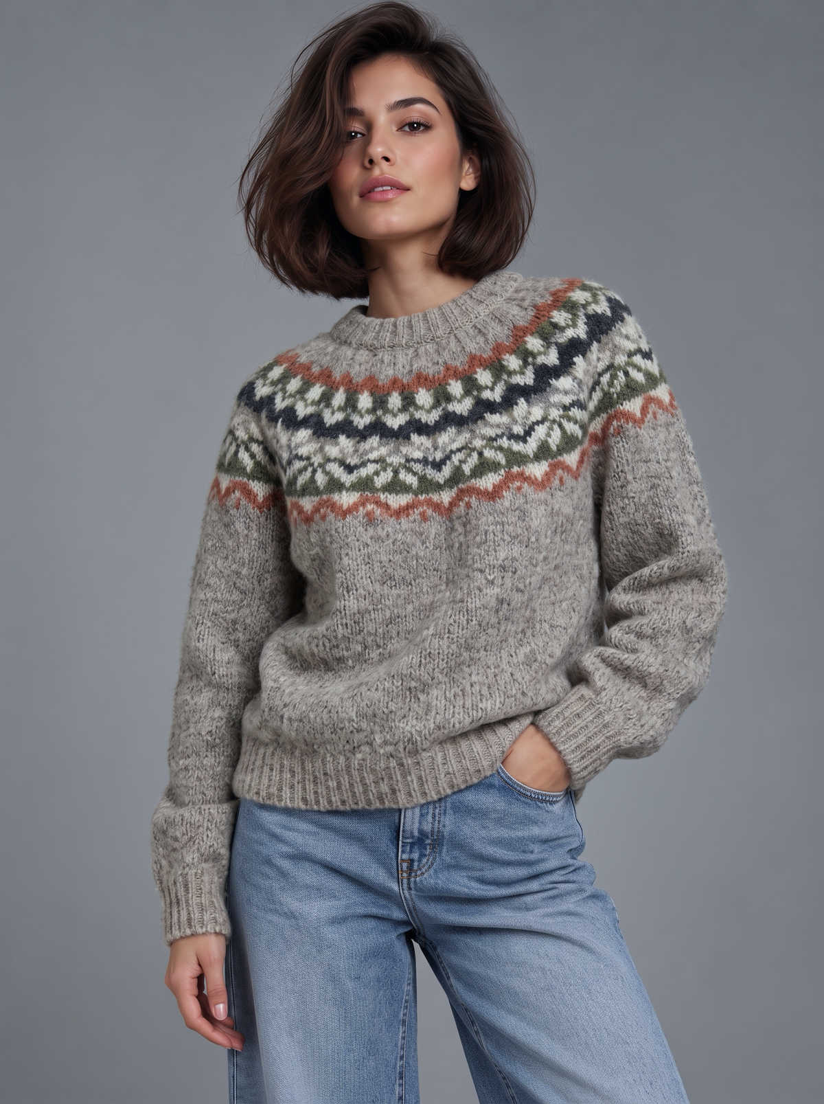 Sophia | Women’s Fair Isle Jumper | Crew Neck Geometric Pattern Everyday Wear - heather grey, image 09 - Glorysoul