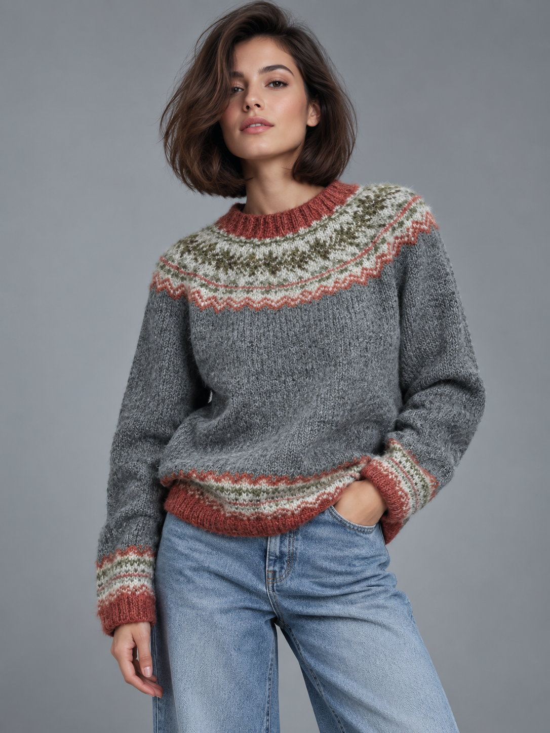 Sophia | Women’s Fair Isle Jumper | Crew Neck Geometric Pattern Everyday Wear - stone grey, image 01 - Glorysoul