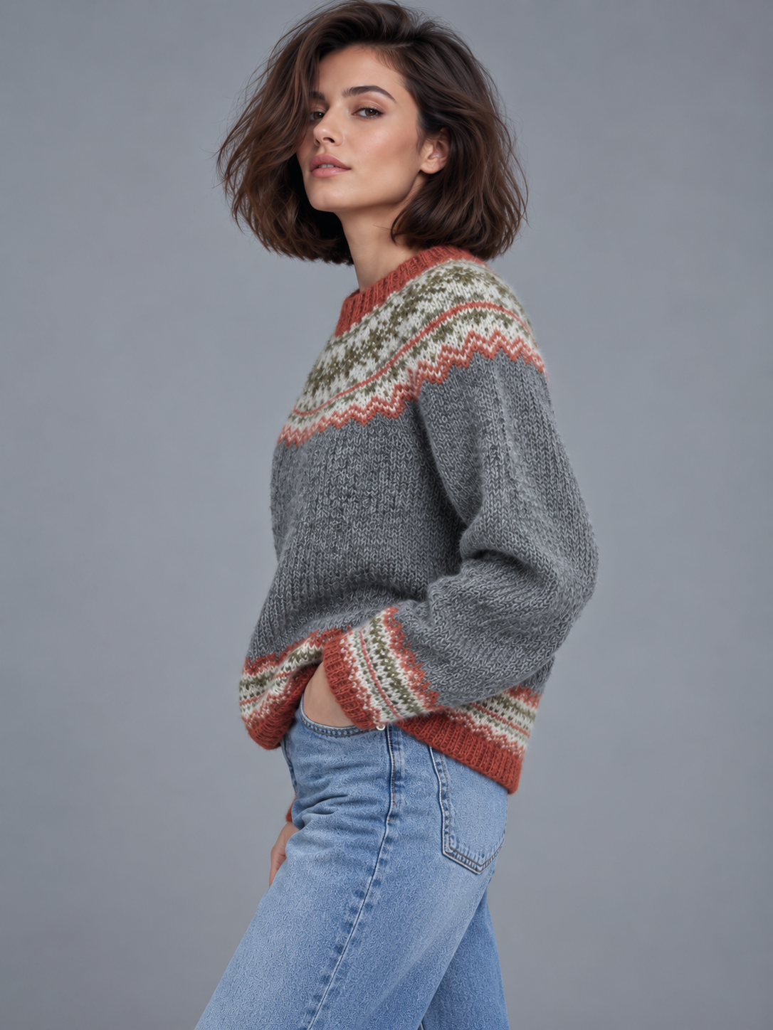 Sophia | Women’s Fair Isle Jumper | Crew Neck Geometric Pattern Everyday Wear - stone grey, image 02 - Glorysoul