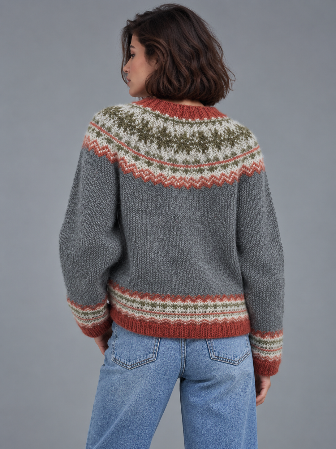 Sophia | Women’s Fair Isle Jumper | Crew Neck Geometric Pattern Everyday Wear - stone grey, image 03 - Glorysoul