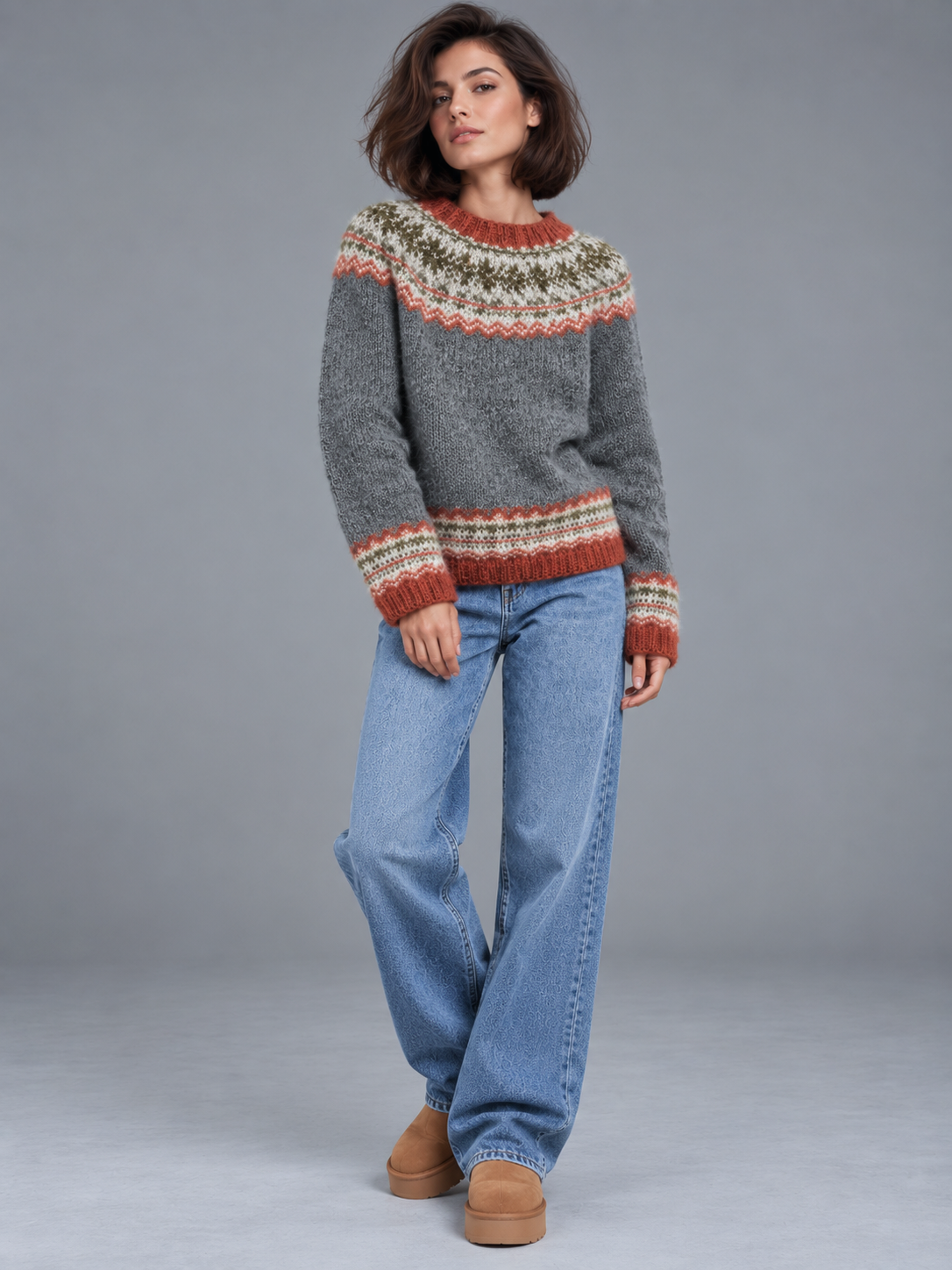 Sophia | Women’s Fair Isle Jumper | Crew Neck Geometric Pattern Everyday Wear - stone grey, image 04 - Glorysoul