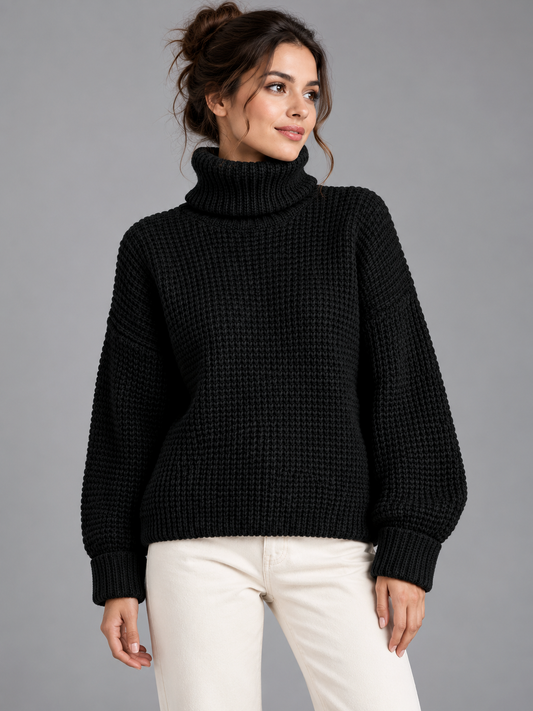 Sophie | Women’s Roll-Neck Jumper | Textured Stitch Dropped Shoulders Everyday Wear - black, front view, image 01 - Glorysoul