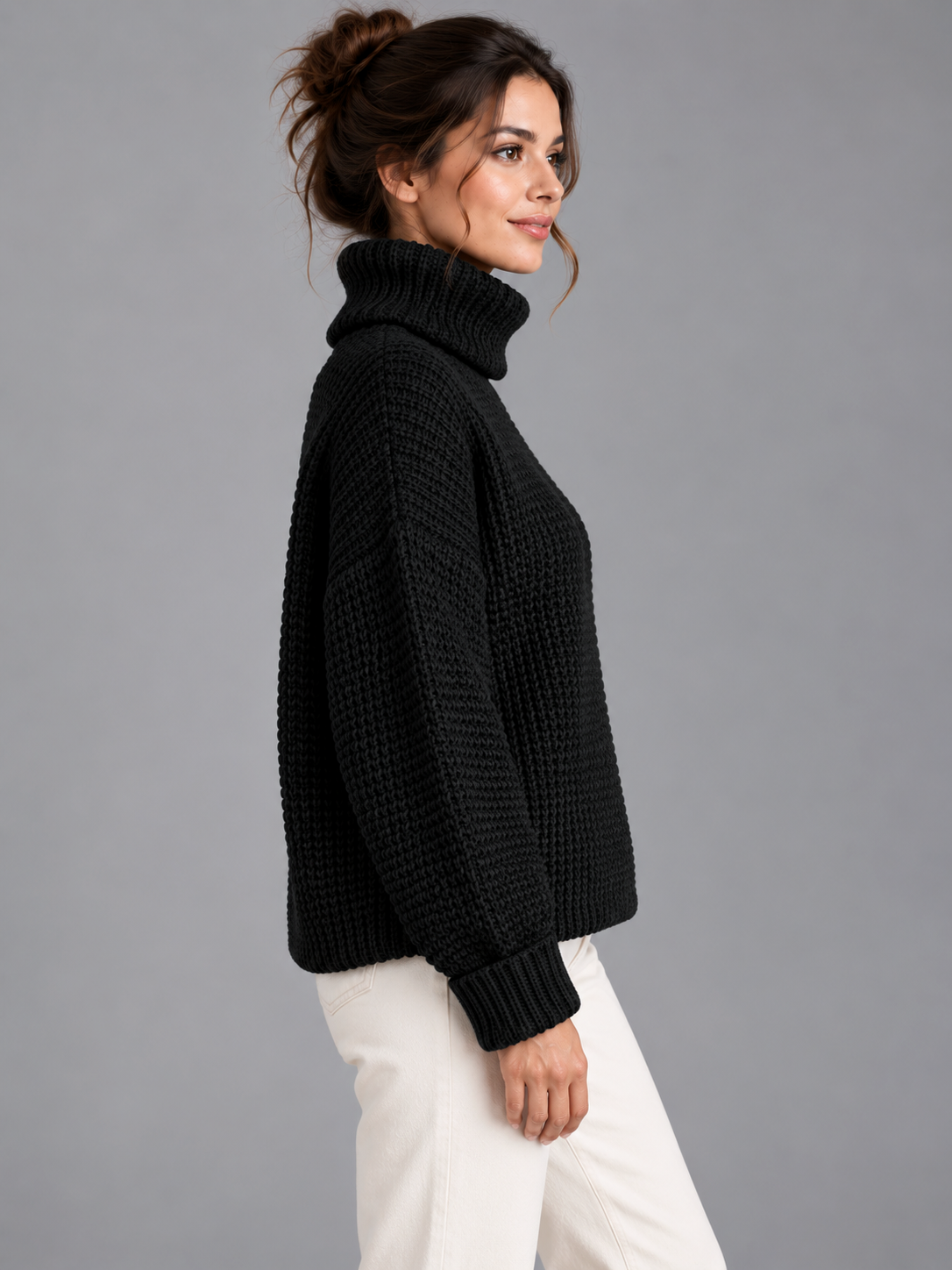 Sophie | Women’s Roll-Neck Jumper | Textured Stitch Dropped Shoulders Everyday Wear - black, side view, image 02 - Glorysoul
