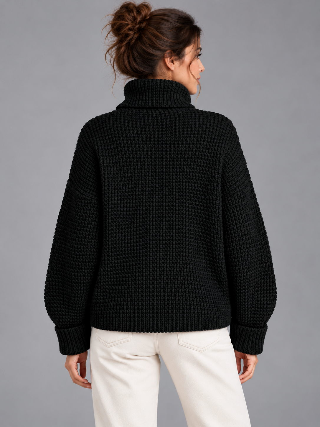 Sophie | Women’s Roll-Neck Jumper | Textured Stitch Dropped Shoulders Everyday Wear - black, back view, image 03 - Glorysoul