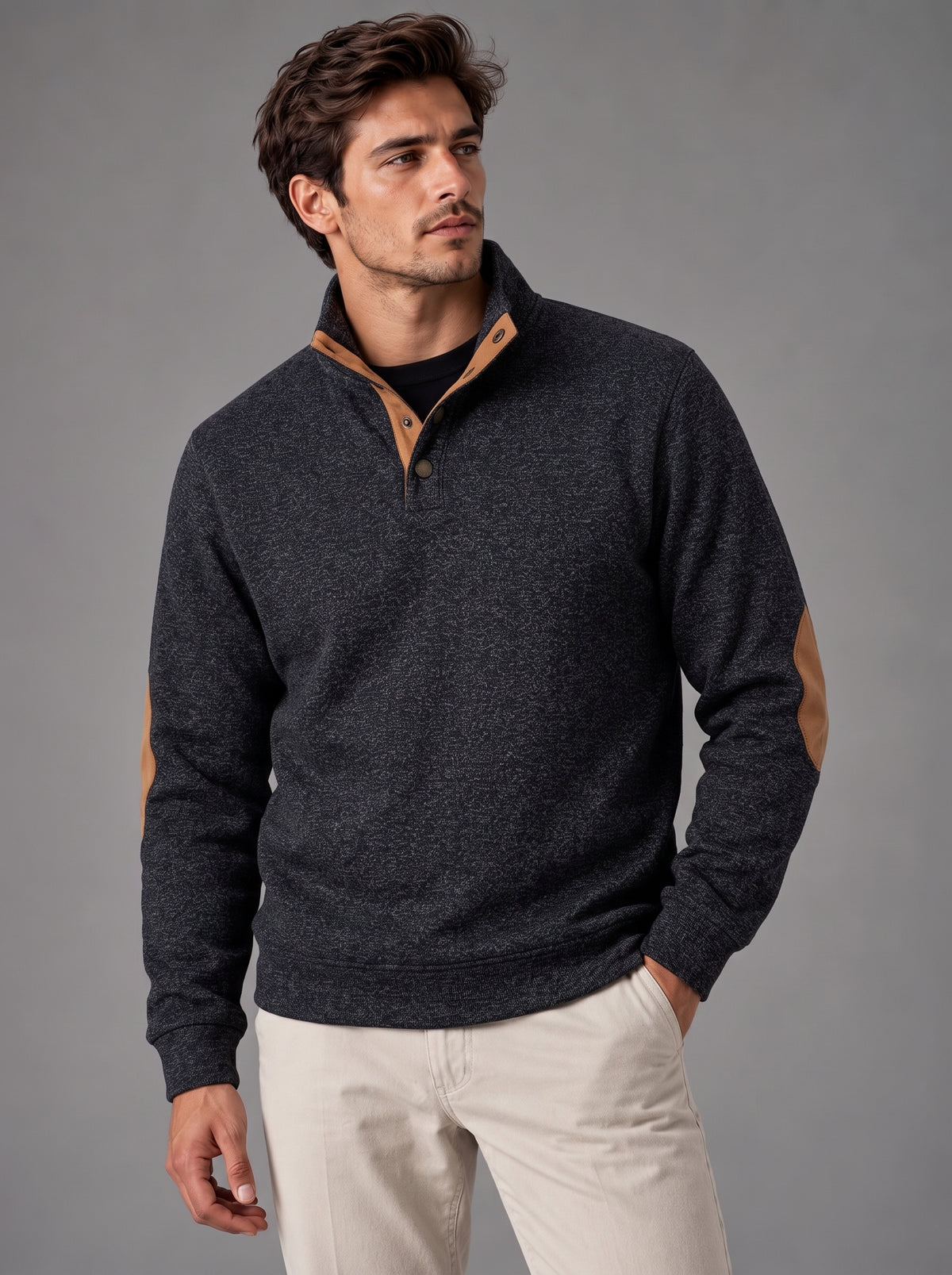 Thomas | Men’s Button-Neck Jumper | Stand Collar Elbow Patches Everyday Wear - black, image 21 - Glorysoul