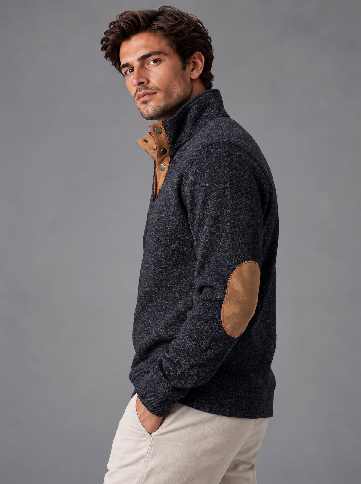 Thomas | Men’s Button-Neck Jumper | Stand Collar Elbow Patches Everyday Wear - black, image 22 - Glorysoul
