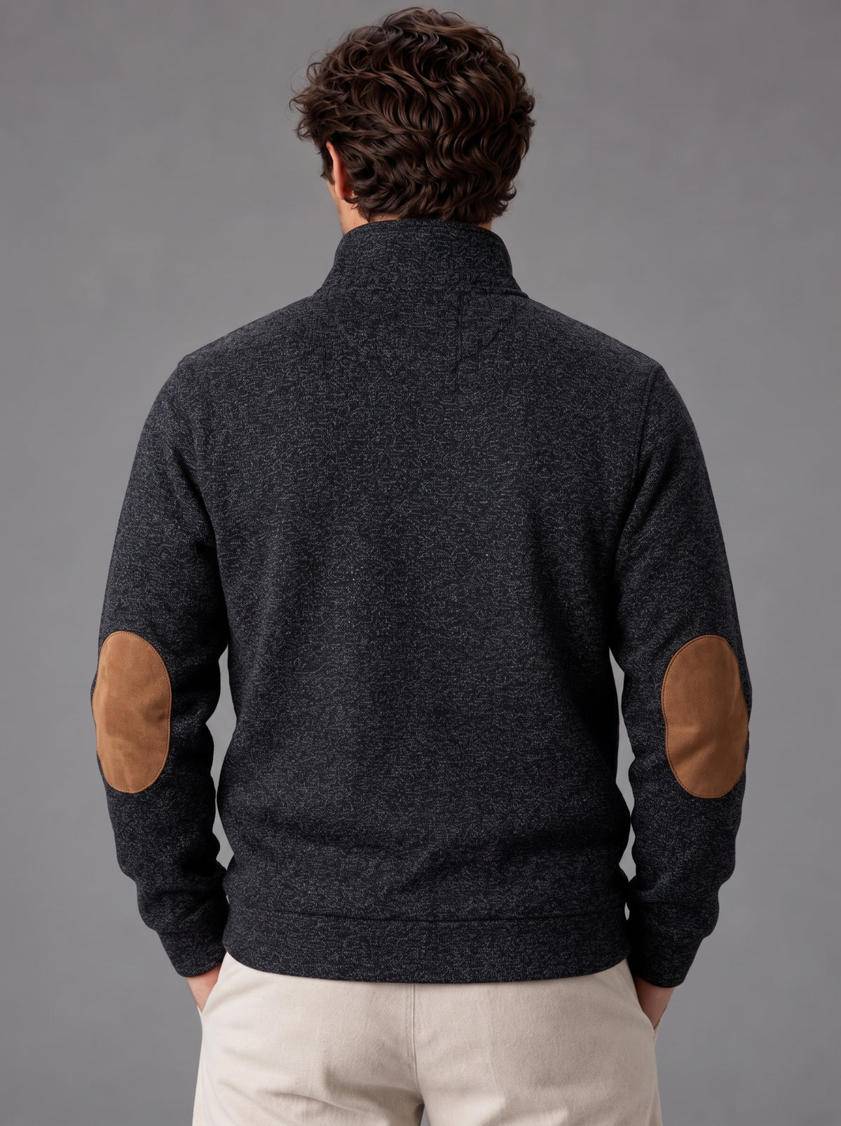 Thomas | Men’s Button-Neck Jumper | Stand Collar Elbow Patches Everyday Wear - black, image 23 - Glorysoul