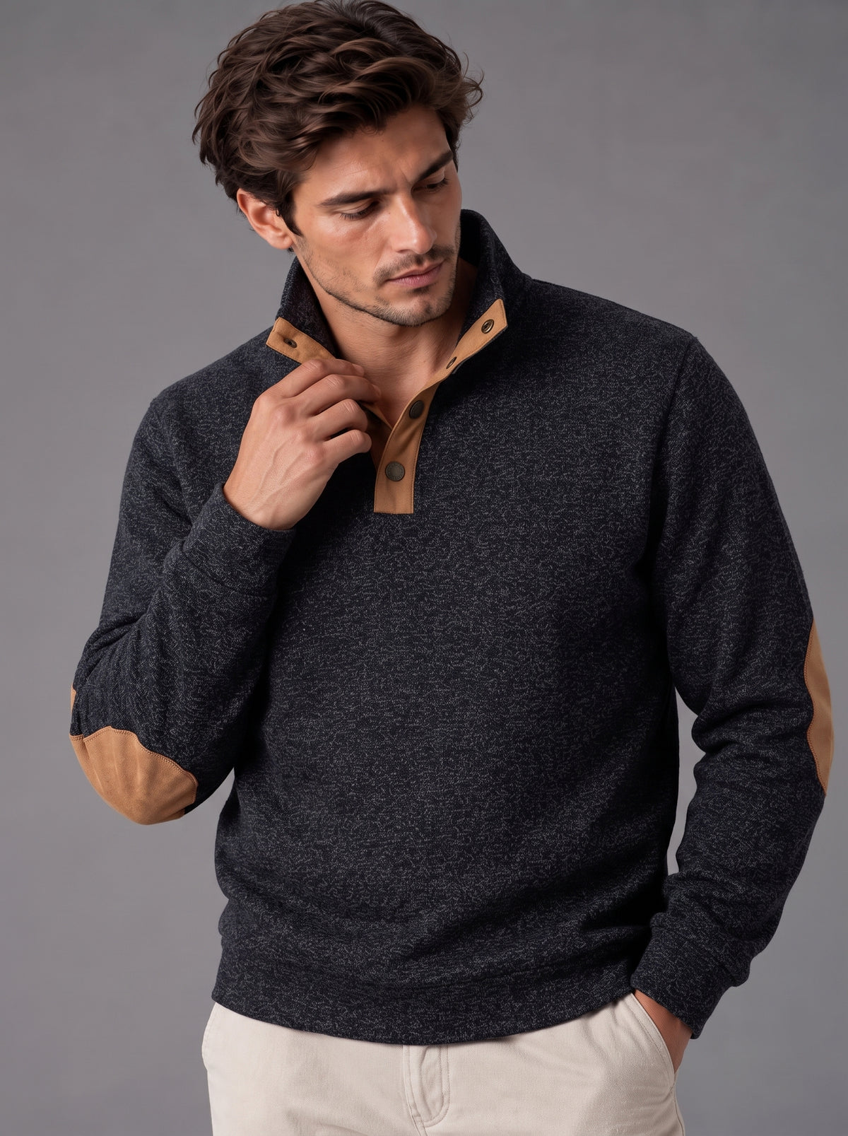 Thomas | Men’s Button-Neck Jumper | Stand Collar Elbow Patches Everyday Wear - black, image 24 - Glorysoul
