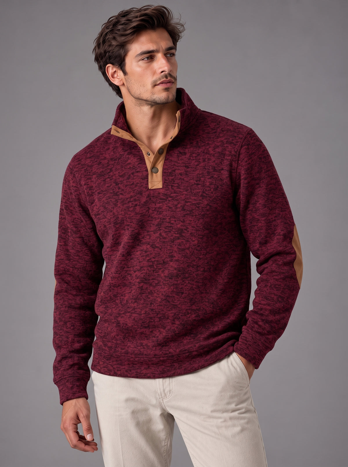 Thomas | Men’s Button-Neck Jumper | Stand Collar Elbow Patches Everyday Wear - burgundy, image 01 - Glorysoul