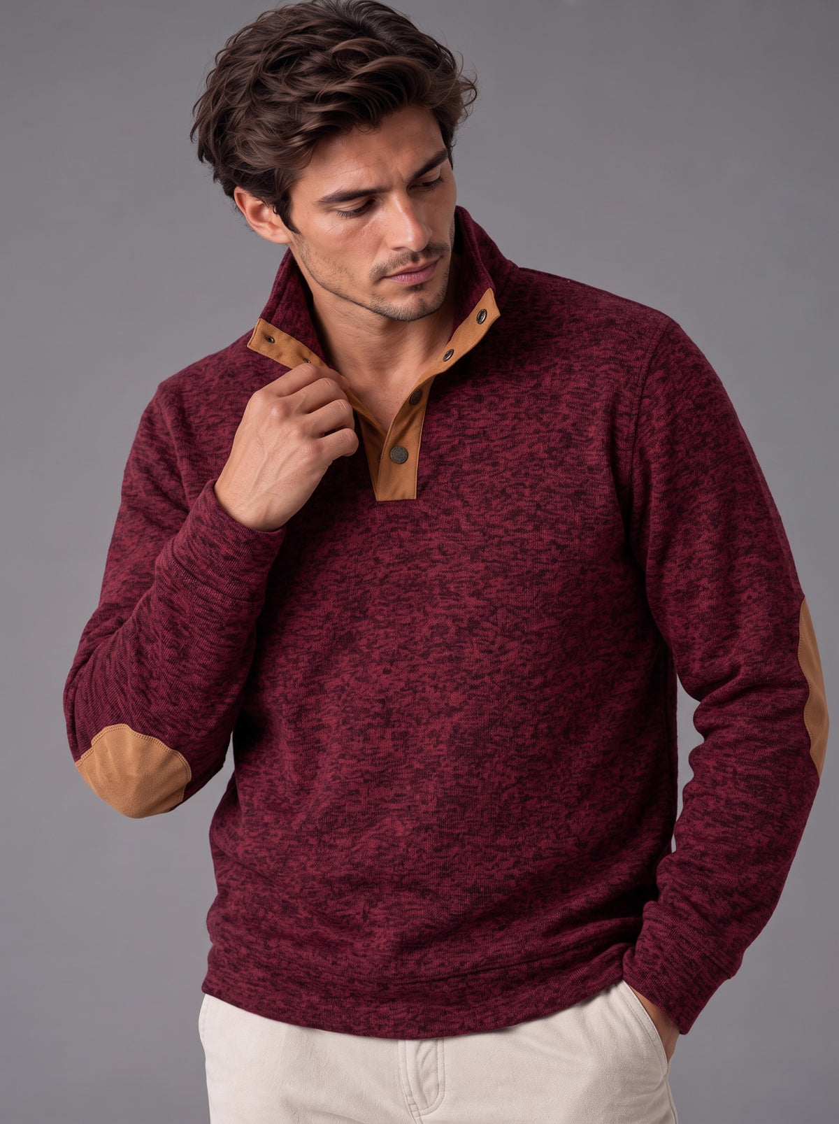 Thomas | Men’s Button-Neck Jumper | Stand Collar Elbow Patches Everyday Wear - burgundy, image 02 - Glorysoul