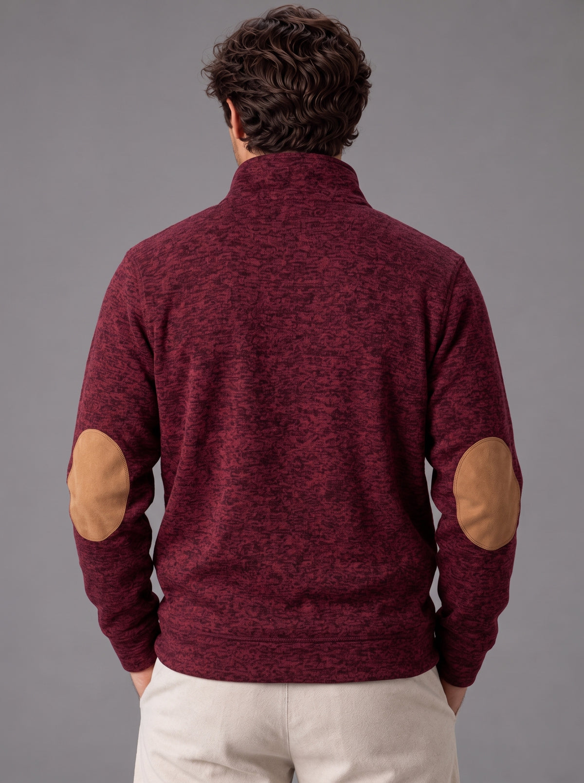 Thomas | Men’s Button-Neck Jumper | Stand Collar Elbow Patches Everyday Wear - burgundy, image 03 - Glorysoul