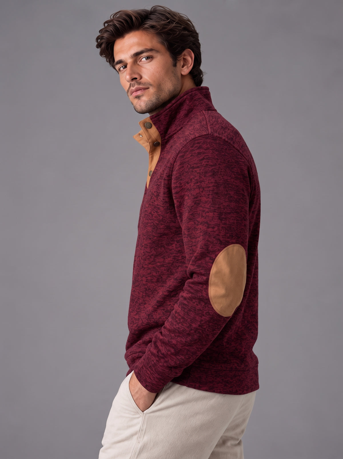 Thomas | Men’s Button-Neck Jumper | Stand Collar Elbow Patches Everyday Wear - burgundy, image 04 - Glorysoul