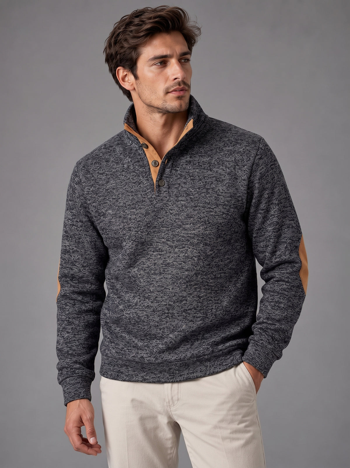 Thomas | Men’s Button-Neck Jumper | Stand Collar Elbow Patches Everyday Wear - charcoal grey, image 17 - Glorysoul