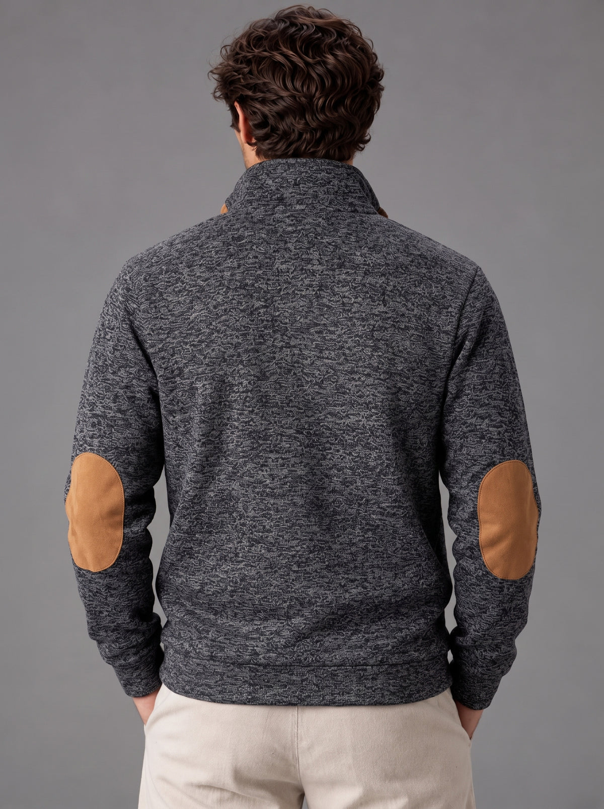 Thomas | Men’s Button-Neck Jumper | Stand Collar Elbow Patches Everyday Wear - charcoal grey, image 18 - Glorysoul