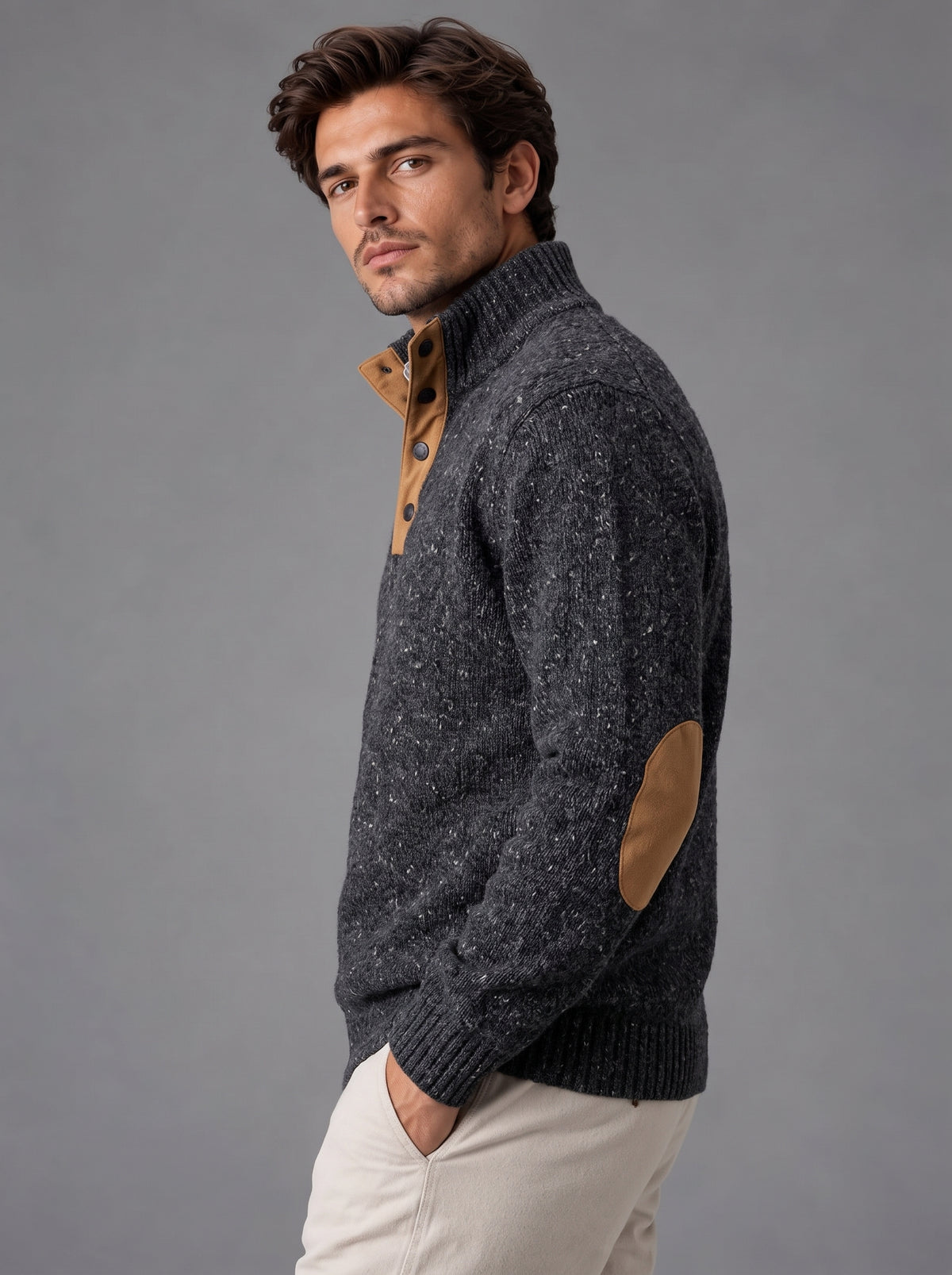 Thomas | Men’s Button-Neck Jumper | Stand Collar Elbow Patches Everyday Wear - charcoal grey, image 19 - Glorysoul