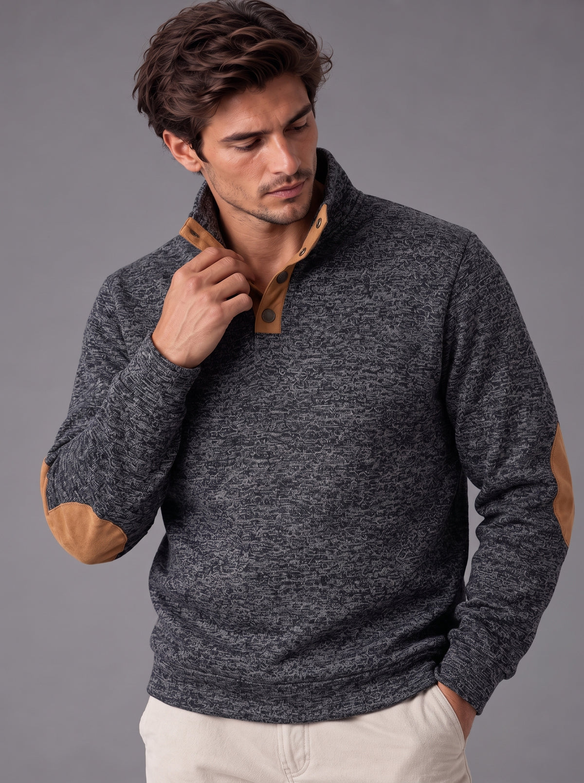 Thomas | Men’s Button-Neck Jumper | Stand Collar Elbow Patches Everyday Wear - charcoal grey, image 20 - Glorysoul