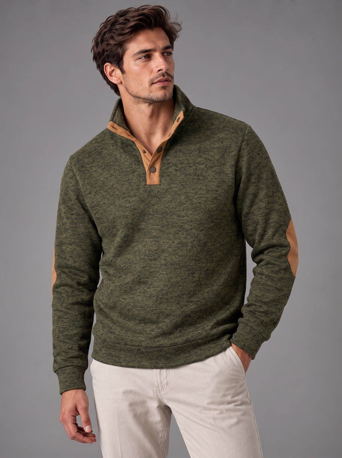 Thomas | Men’s Button-Neck Jumper | Stand Collar Elbow Patches Everyday Wear - forest green, image 13 - Glorysoul