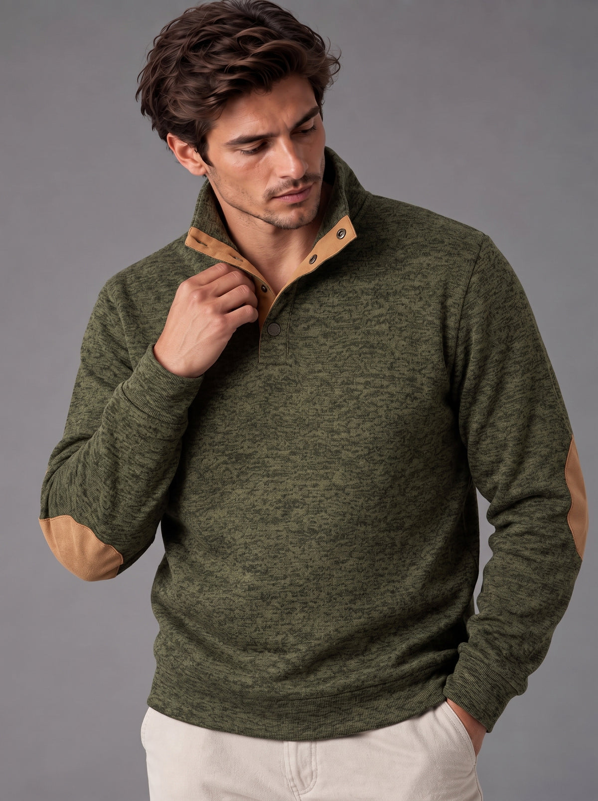 Thomas | Men’s Button-Neck Jumper | Stand Collar Elbow Patches Everyday Wear - forest green, image 14 - Glorysoul